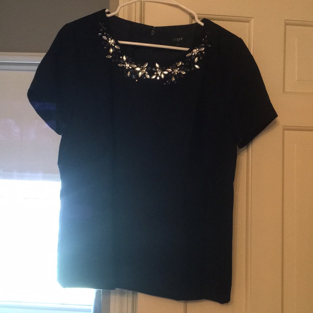 Navy jeweled neck dress shirt